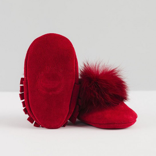 Maroon moccasins "made with love" with pom-pom