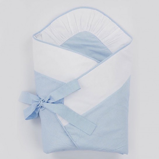 A white and sky-blue baby swaddling wrap
