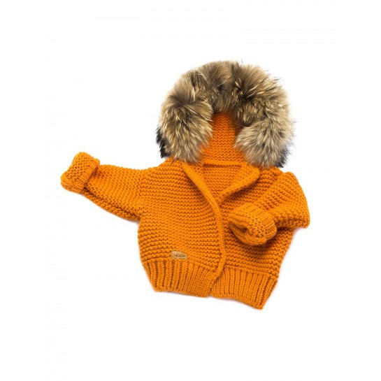 Sweter Ręcznie Tkany z futrem - pomarańczowy