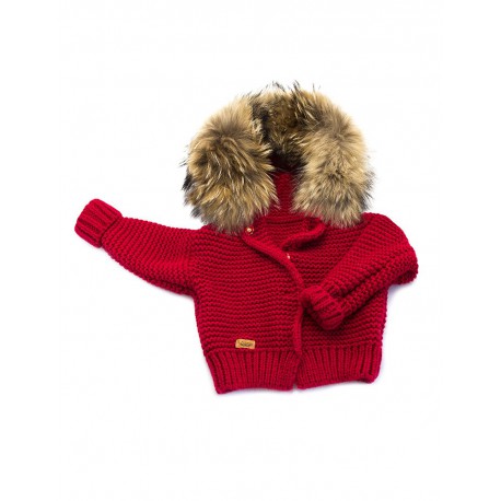 Sweter Ręcznie Tkany z futrem - czerwony