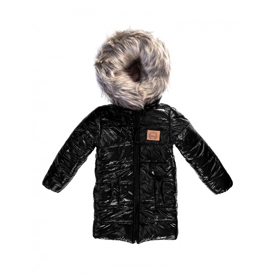 Płaszcz Zimowy Dziecięcy - Sztuczne Futerko - czarny