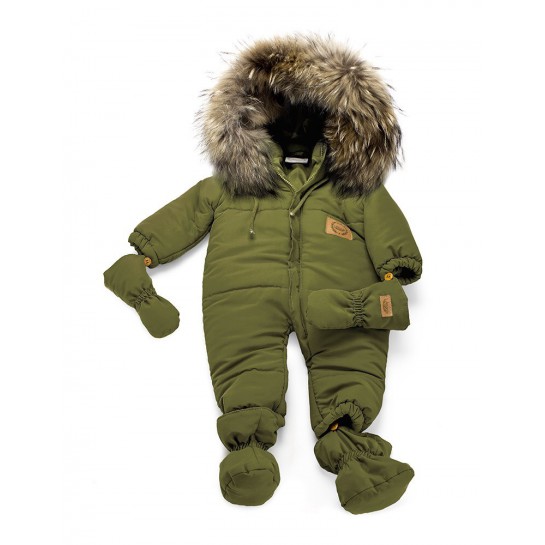 LAttante winter baby coverall, khaki - with detachable Natural Fur