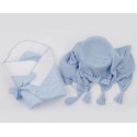 A sky blue baby swaddling wrap with a sky blue scented blanket