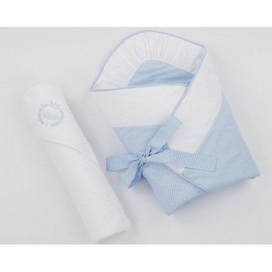A sky blue baby swaddling wrap with a sky blue terry bath towel.