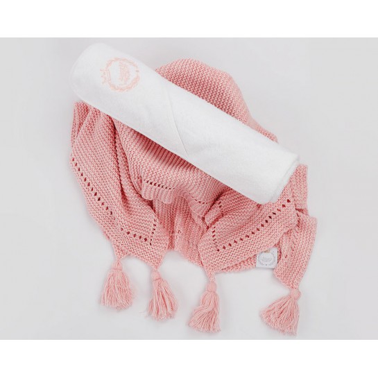 A pink scented blanket with a pink terry bath towel