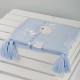 A woven, sky blue blanket (throw)